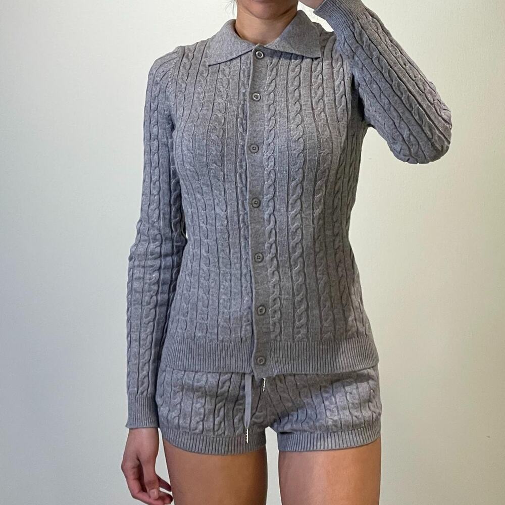 Grey Cable Knit Cardigan L